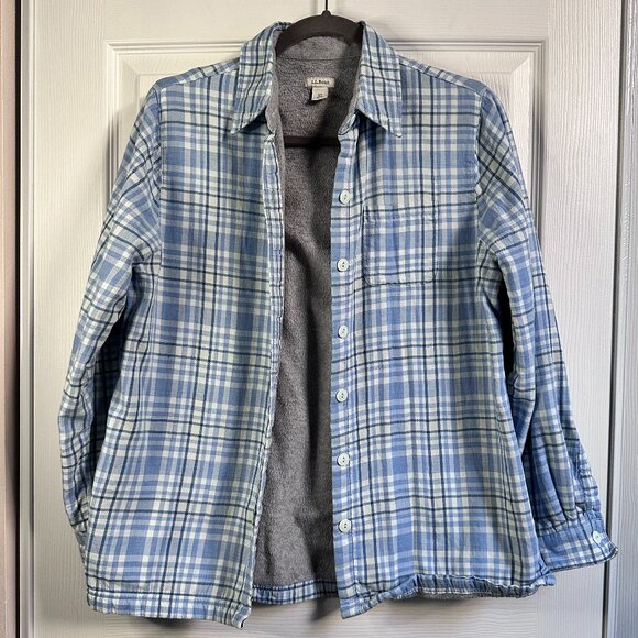 Women's XS LL Bean Light Blue Plaid Gray Fleece Lined Cotton Flannel Button Up - Picture 3 of 10